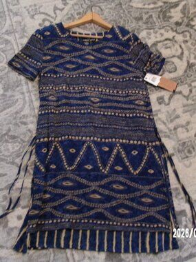 New Dress CL Carole Little BLUE TAN Geometric-Print Tiered CEREMONIAL PANEL SZ 6
